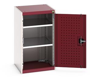 40010125.** Heavy Duty Bott cubio cupboard with perfo panel lined hinged doors. 525mm wide x 525mm deep x 900mm high with 2 x100kg capacity shelves....